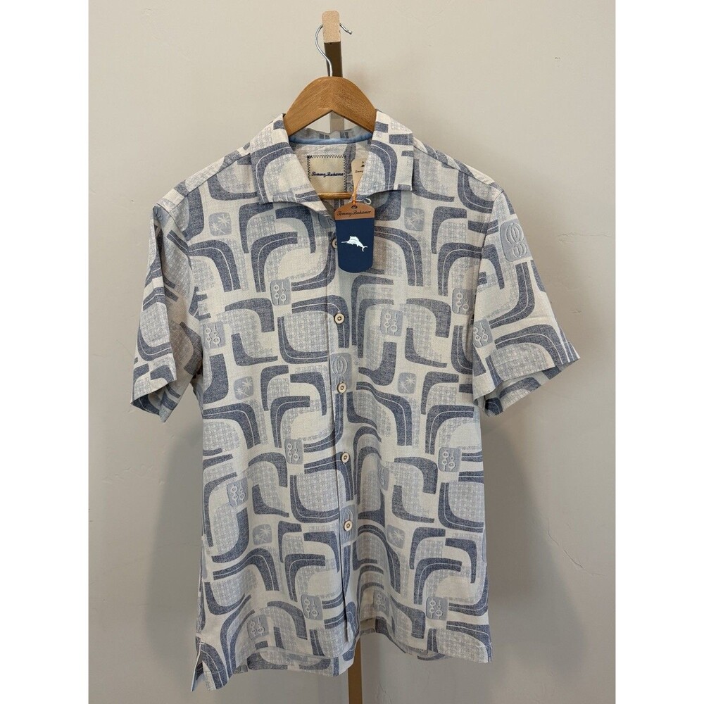 Tommy Bahama 100% Silk Miles Of Tiles Camp Shirt Men’s Sz S Blue Geometric Retro